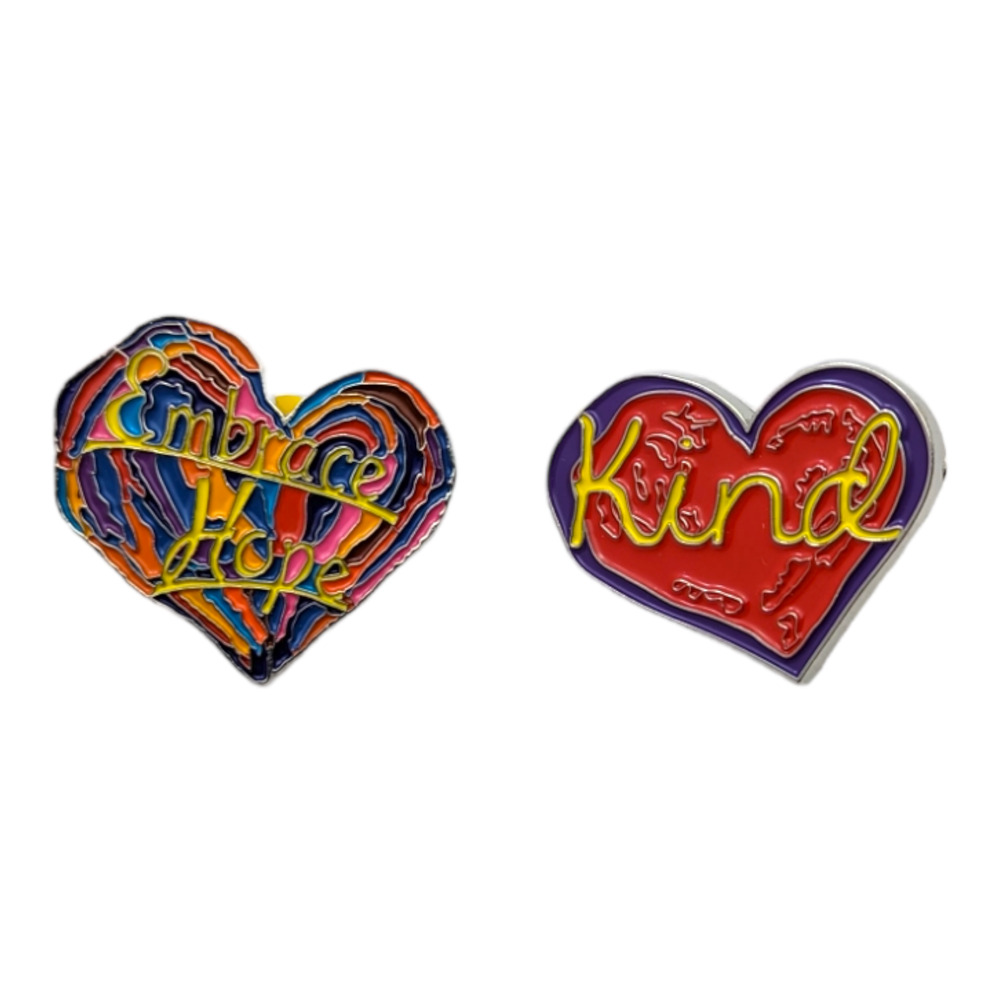 Penzeys Heart KIND and EMBRACE HOPE Collector Hat Lapel Enamel Pins